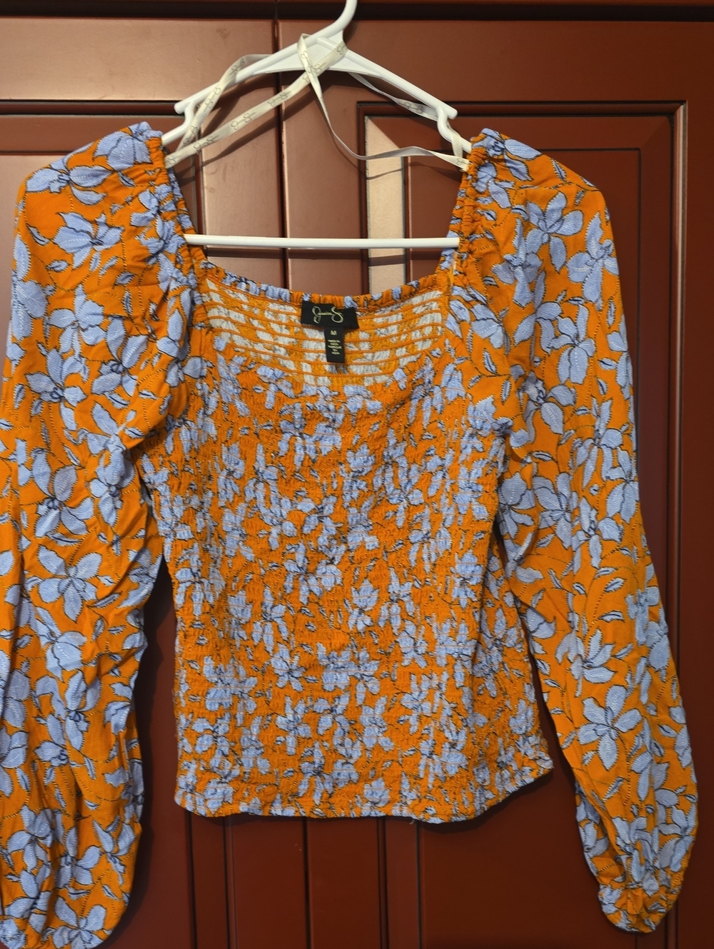 Jessica Simpson Orange and Light Blue Floral Smocked Long Sleeve Top